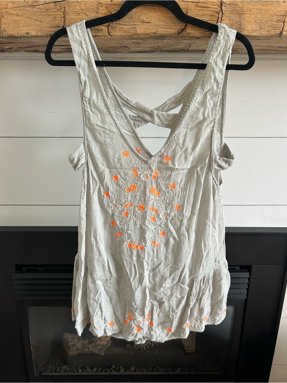Free People Sage Tank with Orange Floral Embroidery
